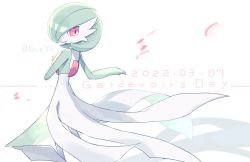 Rule 34 | 1girl, artist name, bob cut, character name, closed mouth, colored skin, creatures (company), dated, english text, female focus, from behind, game freak, gardevoir, gardevoir day, gen 3 pokemon, green hair, green skin, hair over one eye, hand on own chest, hands up, happy, highres, looking back, multicolored skin, nintendo, one eye covered, petals, pokemon, pokemon (creature), red eyes, short hair, signature, simple background, smile, solo, standing, twitter username, two-tone skin, white background, white skin, yutopia (neveyk)