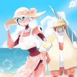 Rule 34 | 1boy, 1girl, arcee, beach, blue eyes, breasts, curvy, hat, holding, holding clothes, holding hat, humanoid robot, lemonade, medium breasts, mijinkotail029, no humans, pink lips, ratchet (transformers), resized, robot, robot girl, sunglasses, sunlight, transformers, transformers animated, upscaled