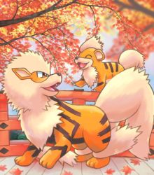 Rule 34 | :d, ^ ^, animal focus, arcanine, bridge, brown eyes, claws, closed eyes, commentary request, creatures (company), day, evolutionary line, closed eyes, fang, from side, game freak, gen 1 pokemon, growlithe, happi xfyg, leaf, looking back, nintendo, no humans, open mouth, outdoors, pokemon, pokemon (creature), smile, standing, tongue
