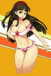 Rule 34 | 1girl, amagi yukiko, atlus, bad deviantart id, bad id, bare shoulders, bikini, black eyes, black hair, breasts, cleavage, collarbone, flower, frilled bikini, frills, groin, hairband, hip focus, lace, large breasts, long hair, looking at viewer, navel, open mouth, persona, persona 4, pink bikini, red flower, red rose, rose, skirt, slugbox, solo, standing, striped, striped background, swimsuit
