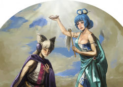 Rule 34 | 2girls, adapted costume, amibazh, animal ears, arm up, armband, armlet, belt, blonde hair, blue eyes, blue hair, blue sky, bowl, breasts, cape, cleavage, cloud, collarbone, colored eyelashes, dress, earmuffs, expressionless, closed eyes, fine art parody, flower, gold, hair ornament, hair rings, hair stick, hand up, height difference, holding, kaku seiga, light rays, lips, looking at another, looking down, multiple girls, nose, ofuda, parody, pointy hair, pouring, robe, short dress, short hair, sky, sleeveless, sleeveless dress, stick, sunlight, talisman, toned, touhou, toyosatomimi no miko, water, white dress