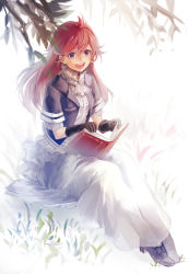 Rule 34 | 1girl, ascot, bad id, bad pixiv id, book, gloves, grass, long skirt, open mouth, original, purple eyes, red hair, shoes, short sleeves, sitting, skirt, skoooon, solo