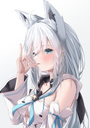 Rule 34 | 1girl, ahoge, animal ear fluff, animal ears, black bow, blue neckerchief, blush, bow, braid, breasts, detached sleeves, earrings, extra ears, fox ears, fox girl, fox shadow puppet, green eyes, hair between eyes, hair bow, highres, hololive, hood, hoodie, jewelry, long hair, looking to the side, mitsu 3 33, neckerchief, open mouth, shirakami fubuki, shirakami fubuki (1st costume), sidelocks, simple background, single braid, small breasts, solo, virtual youtuber, white background, white hair, white hoodie