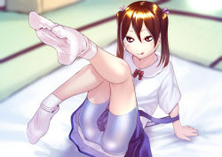Rule 34 | 1girl, arm support, bike shorts, blouse, bow, bowtie, brown eyes, brown hair, collared shirt, feet, foot focus, full body, futon, hair between eyes, hair ribbon, indoors, leg up, licking lips, long hair, looking at viewer, no shoes, pov, red bow, red bowtie, ribbon, shirt, sitting, skirt, socks, soles, solo, suspender skirt, suspenders, tongue, tongue out, twintails, white shirt, white socks