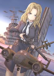 Rule 34 | 3girls, absurdres, aircraft, airplane, anchor, b-25 mitchell, belt, black belt, black necktie, black pantyhose, black skirt, blonde hair, blue eyes, bolt action, bomber, bomber jacket, breasts, day, fairy (kancolle), gun, highres, holding, holding gun, holding weapon, hornet (kancolle), jacket, kantai collection, large breasts, long hair, looking at viewer, m1903 springfield, military, military vehicle, mini person, minigirl, multiple girls, necktie, outdoors, pantyhose, pencil skirt, rifle, rigging, shikabiscuit, shirt, skirt, sleeveless, sleeveless shirt, smile, weapon, white shirt