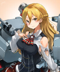 Rule 34 | 1girl, adapted turret, ascot, bare shoulders, blonde hair, blush, braid, breasts, brown eyes, cannon, corset, french braid, hair between eyes, hat, highres, kantai collection, large breasts, long hair, long sleeves, looking at viewer, machinery, mini hat, red ascot, rigging, shirt, skirt, smile, solo, sunday aki, tilted headwear, turret, wavy hair, white shirt, zara (kancolle)