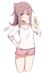 Rule 34 | &gt;:), 1girl, blush, brown hair, closed mouth, dated, hand on own hip, hand up, long hair, long sleeves, looking at viewer, maze (gochama ze gohan), original, pink shorts, ponytail, purple eyes, shirt, short shorts, shorts, sidelocks, signature, simple background, sketch, smile, solo, thick eyebrows, v, v-shaped eyebrows, white background, white shirt
