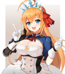 Rule 34 | 1girl, :d, absurdres, ahoge, armor, ascot, belt, blue eyes, breasts, cleavage, dress, gloves, gold trim, hands up, highres, index finger raised, large breasts, long hair, looking at viewer, open mouth, orange hair, pauldrons, pecorine (princess connect!), princess connect!, puffy short sleeves, puffy sleeves, red ascot, short sleeves, shoulder armor, shovelwell, shrug (clothing), single pauldron, smile, solo, tiara, underbust, upper body, white dress, white gloves