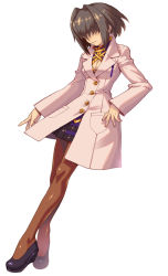 Rule 34 | 1girl, brown pantyhose, emulator (wild arms xf), full body, grey hair, hair intakes, hair over eyes, highres, lab coat, official art, pantyhose, sasaki tomomi, shoes, short hair, skirt, smile, solo, white background, wild arms, wild arms xf