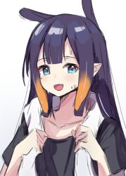 Rule 34 | 1girl, blue eyes, blunt bangs, hololive, hololive english, long hair, looking at viewer, misaki d3su, ninomae ina&#039;nis, open mouth, pointy ears, purple hair, shirt, solo, sweat, tentacle hair, towel, virtual youtuber