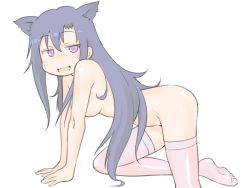 Rule 34 | 1girl, afunai, all fours, animal ears, black hair, breasts, cat ears, convenient arm, convenient censoring, from side, goshiki agiri, kill me baby, looking at viewer, medium breasts, naughty face, nude, open mouth, purple eyes, raised eyebrows, smile, solo, thighhighs