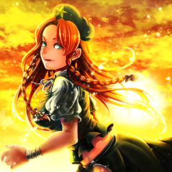 Rule 34 | 1girl, braid, chinese clothes, cloud, from side, green eyes, hong meiling, leaning forward, long hair, looking at viewer, orange theme, puffy short sleeves, puffy sleeves, red hair, short sleeves, side slit, skirt, skirt set, sky, smile, solo, standing, sunset, tangzhuang, touhou