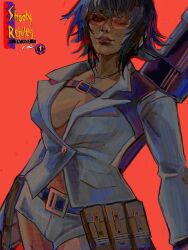 Rule 34 | 1girl, belt, black hair, bonelessbastion, breasts, cleavage, devil may cry (series), facial mark, formal, grenade launcher, heart, heart facial mark, highres, lady (devil may cry), lipstick, makeup, medium breasts, short hair, suit, weapon, white suit, yellow-framed eyewear