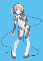 Rule 34 | 1girl, absurdres, android, blonde hair, blue background, blue eyes, blush, bodysuit, cable, cable tail, flat chest, full body, headphones, highres, looking at viewer, mechanical tail, multiple tails, navel, original, parted lips, pop (electromagneticwave), revealing clothes, short hair, simple background, solo, tail