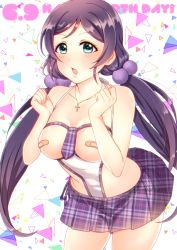 Rule 34 | 10s, 1girl, bad id, bad pixiv id, bandaid, bandaids on nipples, blush, breasts, dated, green eyes, happy birthday, kurono kito, large breasts, long hair, looking at viewer, love live!, love live! school idol project, low twintails, open mouth, pasties, purple hair, solo, standing, tojo nozomi, twintails