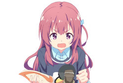 Rule 34 | 1girl, book, brown hair, clenched hand, clip studio paint (medium), collared shirt, girlish number, holding, holding book, karasuma chitose (girlish number), long hair, microphone, open mouth, purple eyes, shirt, simple background, solo, sweatdrop, tomato (lsj44867), white background