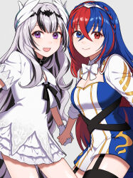 Rule 34 | 2girls, alear (female) (fire emblem), alear (fire emblem), black hair, blue eyes, blue hair, braid, breasts, choker, cleavage, cleavage cutout, clothing cutout, commentary request, crossed bangs, crown braid, dress, feather hair ornament, feathers, fire emblem, fire emblem engage, grey hair, hair ornament, heterochromia, highres, holding hands, long hair, looking at viewer, medium breasts, multicolored hair, multiple girls, nintendo, official alternate costume, partial commentary, peach11 01, petite, purple eyes, red eyes, red hair, siblings, sisters, small breasts, smile, split-color hair, two-tone hair, very long hair, veyle (fire emblem), wavy hair