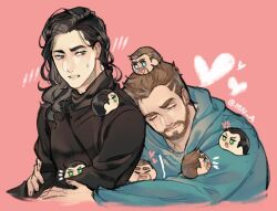 2boys akira_yoru artist_name beard black_hair black_sweater blue_eyes blue_hoodie brothers brown_hair closed_eyes closed_mouth facial_hair fingernails green_eyes heart hood hoodie hug hug_from_behind loki_(marvel) long_sleeves looking_at_another marvel marvel_cinematic_universe medium_hair multiple_boys notice_lines pink_background scar scar_across_eye short_hair siblings simple_background smile sweatdrop sweater teeth thor_(marvel) turtleneck turtleneck_sweater upper_body wavy_hair