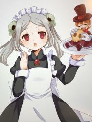 Rule 34 | 2girls, apron, bloody marie (skullgirls), bow, brooch, cookie, dress, eating, closed eyes, food, frilled apron, frilled dress, frills, grey background, grey hair, hair ornament, hat, highres, holding, jewelry, maid headdress, multiple girls, open mouth, orange hair, peacock (skullgirls), plate, red eyes, sharp teeth, sian soyo 8, sitting, size difference, skull hair ornament, skullgirls, surprised, teeth, top hat, twintails