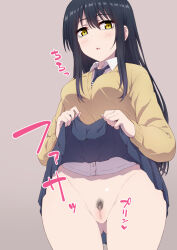 Rule 34 | 1girl, black hair, blue skirt, breasts, censored, cleft of venus, clothes lift, expressionless, female focus, female pubic hair, from below, highres, lifting own clothes, light blush, long hair, looking down, medium breasts, mieruko-chan, no panties, parted lips, pubic hair, pussy, school uniform, shirt, simple background, skirt, skirt lift, solo, sweater, translation request, white shirt, yasunoharu, yellow eyes, yellow sweater, yotsuya miko
