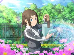 Rule 34 | 1girl, blue eyes, blurry, blurry foreground, brown hair, closed mouth, collared shirt, day, flower, game cg, grey shirt, grey skirt, long sleeves, outdoors, pink flower, rainbow, ronye arabel, shirt, short hair, skirt, smile, solo, sword art online, sword art online: alicization, sword art online: alicization rising steel, sword art online: unleashed blading, wing collar