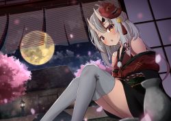 Rule 34 | 1girl, absurdres, bare shoulders, bell, black kimono, blurry, blurry foreground, blush, brown eyes, building, cloud, commentary request, depth of field, feet out of frame, full moon, grey hair, grey thighhighs, hair bell, hair bun, hair ornament, highres, hololive, horns, japanese clothes, jingle bell, kimono, kirikaze ren, knees together feet apart, knees up, long hair, looking at viewer, mask, mask on head, moon, multicolored hair, nakiri ayame, nakiri ayame (1st costume), night, night sky, obi, off shoulder, one side up, oni, oni mask, red hair, sash, side bun, single hair bun, single side bun, sitting, skin-covered horns, sky, solo, streaked hair, thighhighs, tokkuri, tree, virtual youtuber