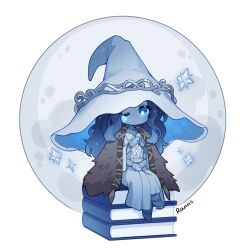 Rule 34 | 1girl, blue eyes, blue hair, blue skin, book, book stack, character name, chibi, cloak, closed mouth, colored skin, cracked skin, dress, elden ring, extra arms, full moon, fur cloak, hat, hat ornament, highres, huge moon, jiuying, large hat, long dress, long hair, moon, on book, one eye closed, ranni the witch, sitting, solo, white background, white dress, white hat, witch hat