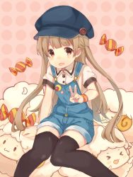 Rule 34 | :3, absurdres, black thighhighs, blue hat, blush, brown hair, buttons, candy, food, hat, highres, long hair, looking at viewer, open mouth, orange eyes, original, overalls, sencha (senta 10), sheep, smile, thighhighs, twintails, v, wristband