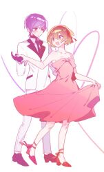 Rule 34 | 1boy, 1girl, bare arms, bare shoulders, black footwear, black gloves, black necktie, brown eyes, brown hair, collarbone, collared shirt, dress, full body, gloves, jacket, just malcute, lobotomy corporation, long sleeves, malkuth (project moon), necktie, pink dress, project moon, purple hair, red footwear, shirt, shoes, short hair, smile, strapless, strapless dress, white jacket, white shirt, yesod (project moon)