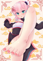 Rule 34 | 1girl, absurdres, alternate costume, bare legs, barefoot, black dress, blush, breasts, china dress, chinese clothes, chiyoda momo, cleavage cutout, clenched hand, clothing cutout, cloud print, commentary request, convenient leg, cowboy shot, dress, drop shadow, eyelashes, feet, fighting stance, foot focus, foreshortening, gluteal fold, green eyes, hair between eyes, hair ornament, highres, knee up, long sleeves, looking at viewer, machikado mazoku, marsh753315, medium hair, nail polish, no panties, open mouth, partial commentary, pink hair, red nails, red tassel, simple background, small breasts, solo, standing, tassel, tassel hair ornament, toenail polish, toenails, toes, v-shaped eyebrows, yellow background