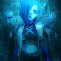 Rule 34 | 1girl, alex chow, arcane jinx, bare shoulders, braid, brown shirt, closed mouth, cowboy shot, crop top, fake horns, gradient background, green background, hair over one eye, horns, jinx (league of legends), league of legends, long hair, looking at viewer, navel, pants, shirt, signature, stomach, twin braids, twintails