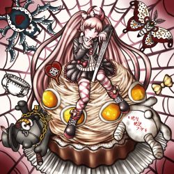 Rule 34 | 1girl, 2mascots, black footwear, black jacket, blush, bow, bug, butterfly, chain, child, cigar, collared shirt, danganronpa (series), danganronpa another episode: ultra despair girls, ears, egg, fake horns, fingernails, frilled skirt, frills, full body, gold chain, hairband, headband, heart, highres, horned headwear, horns, insect, jacket, japanese text, kurokuma (danganronpa), long hair, long sleeved jacket, long sleeves, looking at viewer, matching hair/eyes, multicolored background, nose, official style, oyume, pink eyes, pink footwear, pink hair, pink hairband, pink headband, pink headwear, pink horns, pink stripes, polka dot, polka dot bow, red background, shirokuma (danganronpa), shirt, silk, simple background, sitting, skirt, spider, spider web, striped clothes, striped thighhighs, tagme, thighhighs, tongue, tongue out, twintails, utsugi kotoko, white background, white shirt, white stripes, yellow bow