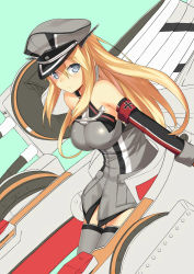 Rule 34 | 10s, 1girl, bad id, bad pixiv id, bare shoulders, bismarck (kancolle), blonde hair, blue eyes, breasts, cccpo, cross, grey thighhighs, hat, iron cross, kantai collection, large breasts, long hair, solo, thighhighs