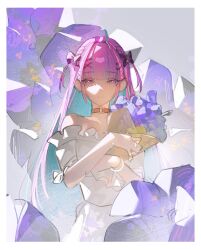 1girl ahoge backlighting blunt_bangs bouquet bow choker colored_inner_hair dress facing_viewer fce_9 flower hair_bow hashtag-only_commentary highres holding holding_bouquet hololive long_hair looking_at_viewer minato_aqua multicolored_hair multiple_hair_bows official_alternate_hairstyle pink_hair shade sketch solo straight_hair streaked_hair two-tone_hair two_side_up virtual_youtuber white_dress