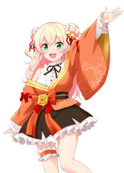 Rule 34 | 1girl, absurdres, bell, black skirt, blonde hair, bow, breasts, double bun, felutiahime, flower, green eyes, hair bell, hair between eyes, hair bun, hair ornament, highres, hololive, japanese clothes, large breasts, looking at viewer, momosuzu nene, off shoulder, orange bow, red bow, skirt, smile, solo, thigh strap, two side up, virtual youtuber, waving, wide sleeves, yellow flower