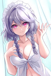 Rule 34 | 1girl, bare arms, blush, braid, breasts, closed mouth, collarbone, commentary request, curtains, dress, eyelashes, eyes visible through hair, grey hair, hair between eyes, hair intakes, hand on own chest, hands up, happy, happy ginko, highres, indoors, izayoi sakuya, large breasts, light particles, long hair, looking at viewer, maid, maid headdress, midriff, pink eyes, sidelighting, sleeveless, sleeveless dress, smile, solo, split mouth, sundress, touhou, tsurime, twin braids, upper body, white dress