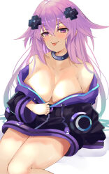 Rule 34 | 1girl, absurdres, adult neptune, bare shoulders, bimmy, black jacket, blush, breasts, choker, cleavage, hair between eyes, highres, hood, hoodie, jacket, large breasts, long hair, looking at viewer, naughty face, neptune (series), purple eyes, purple hair, shin jigen game neptune vii, simple background, solo, teasing, tongue, tongue out, undressing, white background