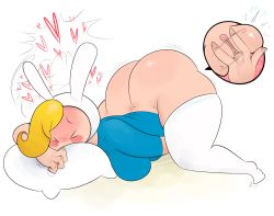 Rule 34 | 1girl, adventure time, animal ears, ass, blonde hair, blue shirt, blush, bottomless, breasts, closed eyes, female masturbation, fingering, fionna the human girl, heart, highres, huge ass, large breasts, masturbation, ota (artist), pillow, pussy, rabbit ears, shirt, solo, thick thighs, thighhighs, thighs, top-down bottom-up, uncensored, white background