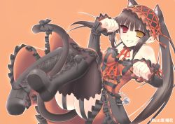 Rule 34 | 10s, 1girl, animal ears, ass, bare shoulders, black hair, boots, breasts, cat ears, cat tail, cleavage, clenched teeth, clock eyes, date a live, dress, gothic lolita, hairband, heterochromia, highres, lolita fashion, lolita hairband, long hair, lying, maid headdress, on back, oreore1484, red eyes, ribbon, smile, solo, symbol-shaped pupils, tail, teeth, thighhighs, tokisaki kurumi, twintails, yellow eyes