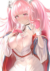 Rule 34 | 1girl, areola slip, azur lane, breasts, center opening, cleavage, dress, gloves, hair ornament, half gloves, hat, highres, id card, large breasts, long hair, looking at viewer, nurse, nurse cap, perseus (azur lane), perseus (unfamiliar duties) (azur lane), pink eyes, pink gloves, pink hair, solo, thighhighs, twintails, uenoryoma, very long hair, white hat