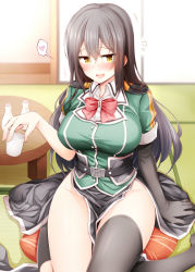 Rule 34 | 1girl, belt, black gloves, black hair, black skirt, black thighhighs, blush, bow, bowtie, breasts, brown eyes, chikuma (kancolle), clothes between thighs, drunk, elbow gloves, gloves, hair between eyes, heart, kantai collection, large breasts, long hair, long skirt, open mouth, puffy short sleeves, puffy sleeves, rui shi (rayze ray), short sleeves, single elbow glove, single glove, single thighhigh, sitting, skirt, smile, solo, table, thighhighs
