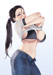 Rule 34 | 1girl, bikini, black bikini, black hair, blueorca, breasts, cleavage, clothes lift, crossed arms, denim, hair between eyes, highres, jeans, large breasts, lifted by self, long hair, mole, mole under eye, navel, open fly, original, pants, parted lips, ponytail, purple eyes, see-through, shirt, shirt lift, short sleeves, solo, standing, swimsuit, underboob, undressing, white background, white shirt
