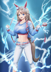 Rule 34 | 1girl, :d, absurdres, animal ears, belt, blue background, blue belt, blue eyes, blue hairband, blue jacket, blue shirt, braid, breasts, brown hair, capri pants, clenched hands, collarbone, commentary, cosplay, crop top, ear covers, ear ornament, fang, fingerless gloves, gloves, groin, hair between eyes, hairband, highres, holding, horse ears, horse girl, horse tail, jacket, large breasts, lightning background, lightning bolt print, long hair, long sleeves, looking at viewer, midriff, multicolored hair, navel, open clothes, open jacket, open mouth, pants, rattle drum, red belt, shibakarisena, shirt, sidelocks, smile, solo, standing, super creek (umamusume), tail, tamamo cross (umamusume), tamamo cross (umamusume) (cosplay), two-tone hair, umamusume, very long hair, w arms, white gloves, white hair, white pants, zipper, zipper pull tab