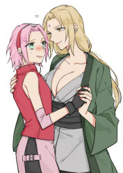 Rule 34 | 2girls, 7mexxx, arm warmers, black gloves, blonde hair, blush, breasts, brown eyes, cleavage, facial mark, forehead mark, gloves, green eyes, haruno sakura, heart, holding hands, large breasts, low twintails, multiple girls, naruto (series), naruto shippuuden, pink hair, simple background, sleeveless, smile, sweatdrop, tsunade (naruto), twintails, yuri