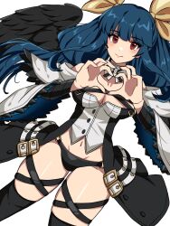 Rule 34 | 1girl, angel wings, asymmetrical wings, bare shoulders, black panties, black thighhighs, blue hair, blush, breasts, cleavage, closed mouth, cohina, dizzy (guilty gear), guilty gear, guilty gear xrd, hair rings, heart, heart hands, highres, large breasts, looking at viewer, mature female, midriff, monster girl, navel, panties, red eyes, ribbon, smile, solo, thick thighs, thigh gap, thighhighs, thighs, twintails, underwear, wings, yellow ribbon