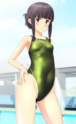 Rule 34 | 1girl, absurdres, alternate hairstyle, black eyes, black hair, blue sky, blunt bangs, braid, breasts, clothes writing, cloud, commentary request, competition swimsuit, covered navel, cowboy shot, day, fence, green one-piece swimsuit, hand on own hip, highres, kantai collection, kitakami (kancolle), long hair, one-piece swimsuit, outdoors, sidelocks, single braid, sky, small breasts, solo, swimsuit, takafumi