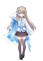 Rule 34 | 1girl, :t, animal ears, arm up, black footwear, black skirt, blue cape, blue eyes, blue necktie, blush, braid, brown hair, brown thighhighs, cape, center frills, closed mouth, collared shirt, epaulettes, frills, full body, gloves, highres, indie virtual youtuber, jacket, long hair, long sleeves, looking at viewer, lutra lutra, mole, mole under eye, necktie, official art, pleated skirt, pout, salute, sheath, shiodome oji, shirt, shoes, side cape, simple background, single epaulette, skirt, solo, standing, tail, thighhighs, very long hair, virtual youtuber, white background, white gloves, white jacket, white shirt, wide sleeves