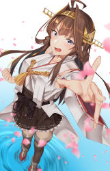 Rule 34 | 1girl, ahoge, bad id, bad pixiv id, blush, boots, breasts, brown hair, double bun, full body, hair between eyes, hair bun, hairband, headgear, highres, japanese clothes, kantai collection, kongou (kancolle), kongou kai ni (kancolle), large breasts, long hair, nontraditional miko, open mouth, pallad, ribbon-trimmed sleeves, ribbon trim, skirt, solo, thigh boots, thighhighs