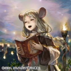 Rule 34 | 1girl, animal ears, book, braid, brown eyes, chrono regalia, holding, holding book, kageco, light brown hair, looking afar, mouse ears, music, official art, open book, open mouth, outdoors, singing, sky, solo, torch, upper body, wide sleeves