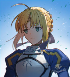 Rule 34 | 1girl, absurdres, ahoge, armor, artoria pendragon (all), artoria pendragon (fate), blue sky, braid, breastplate, cloud, fate/stay night, fate (series), french braid, green eyes, hair ribbon, highres, juliet sleeves, long sleeves, looking to the side, none (kameko227), petals, puffy sleeves, purple ribbon, ribbon, saber (fate), short hair, sky, solo, twitter username, upper body